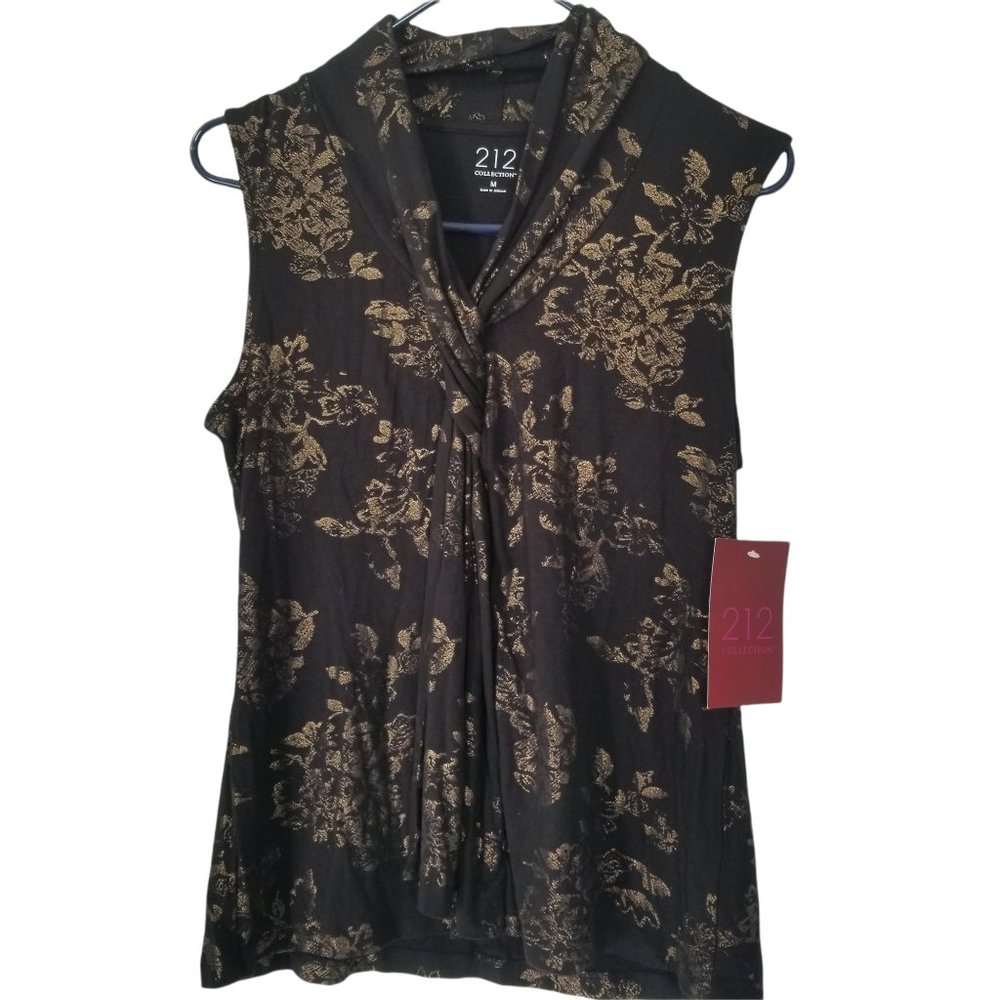 212 Collection Black & Gold Twist Front Sleeveless Floral Print Metallic